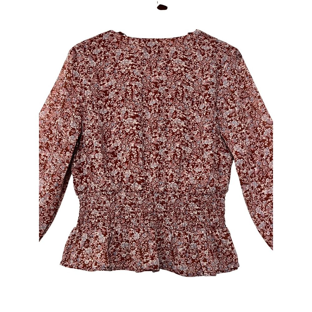 Fun & Flirt Floral Smocked Peplum Blouse XL V-Neck Long Sleeve Red & White - Picture 2 of 16